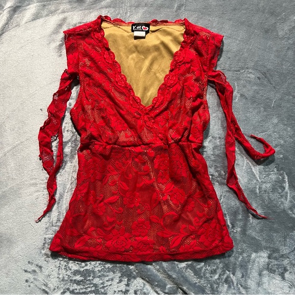 Vintage Tops - Red Lace V-Neck Top
